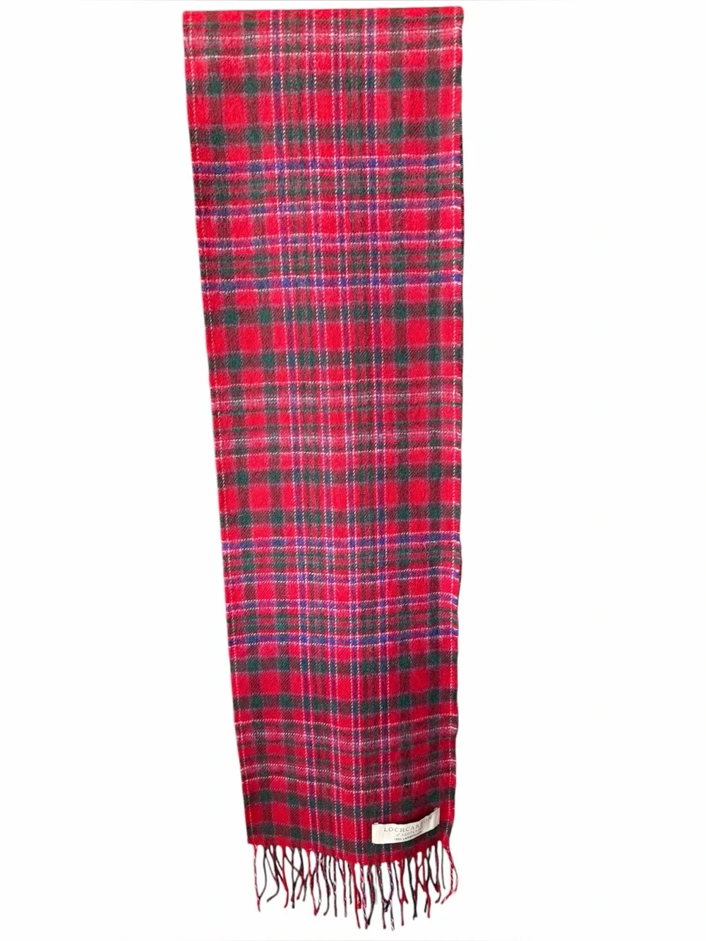 Lochcarron of Scotland 100% Lambswool Plaid Scarf Red Blue Fringed 69” x 9.25”